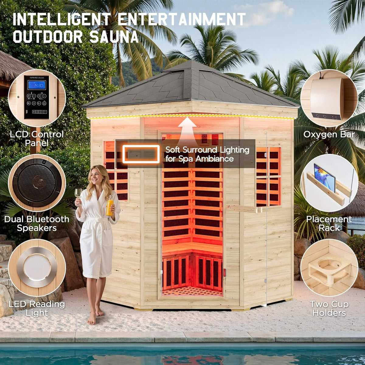 Thermora Monaco 4-Person Outdoor Infrared Sauna With Bluetooth and LED Lighting