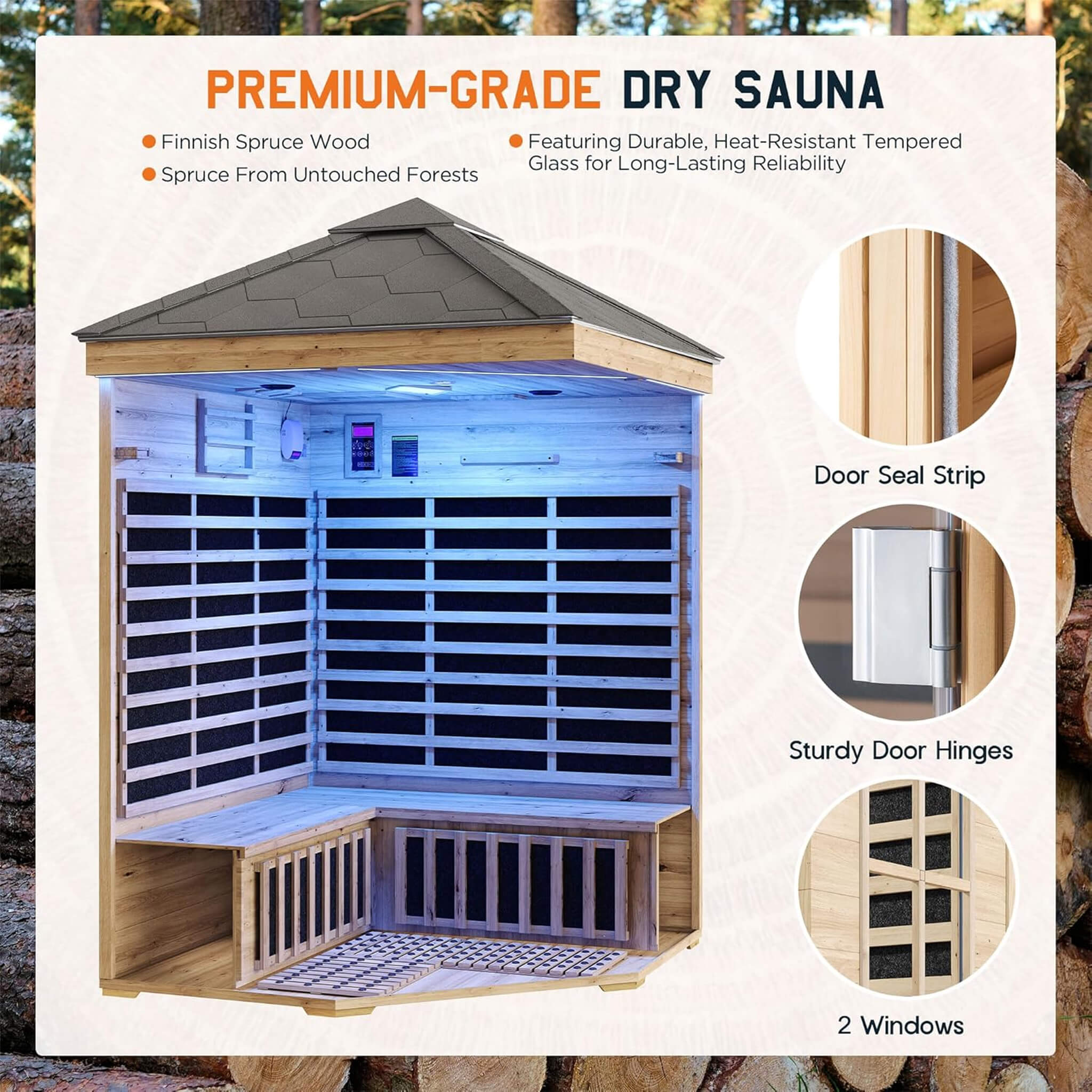 Thermora Monaco 4-Person Outdoor Infrared Sauna With Bluetooth and LED Lighting