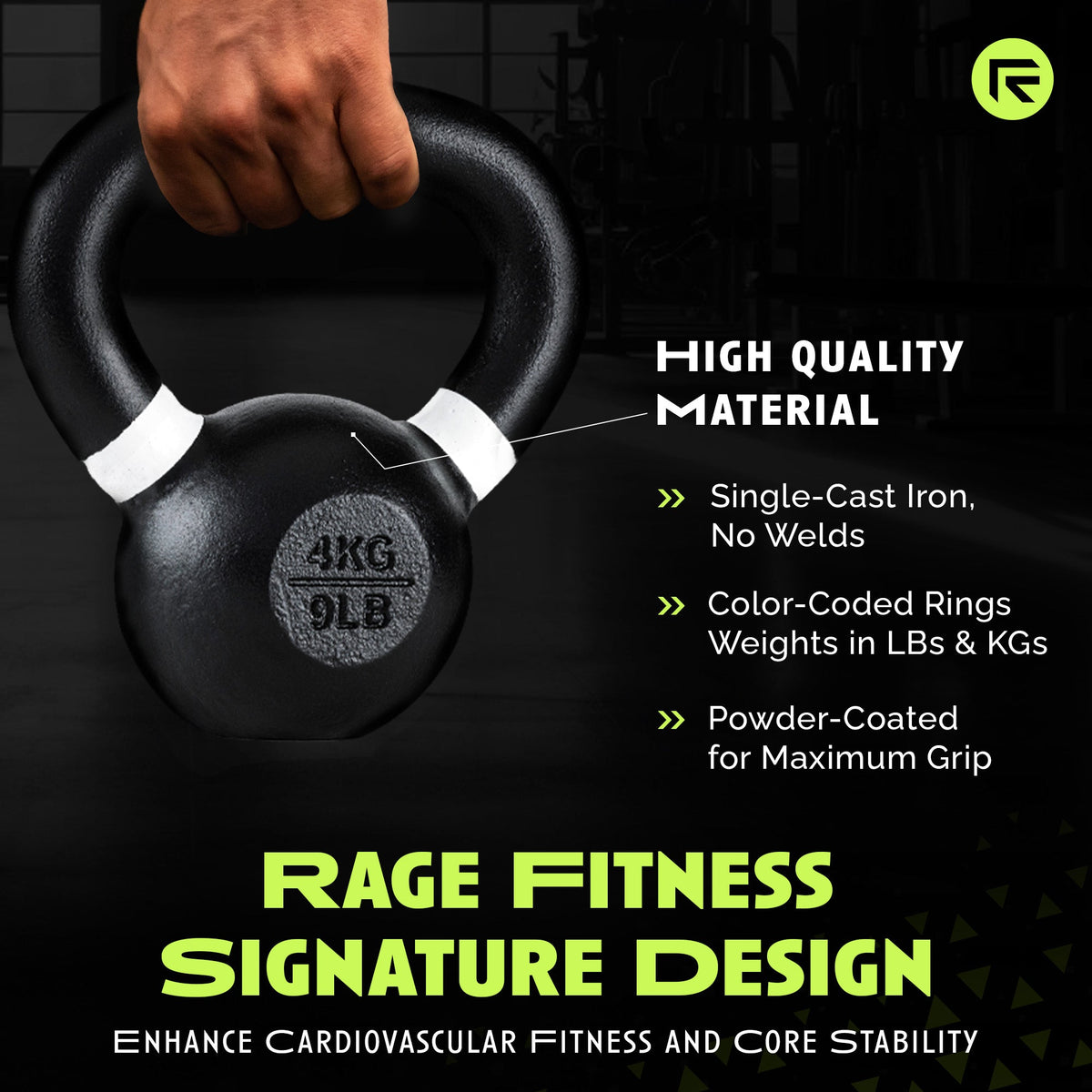 Hand gripping a Rage Fitness 4 kg kettlebell with color-coded handle rings and weight marking