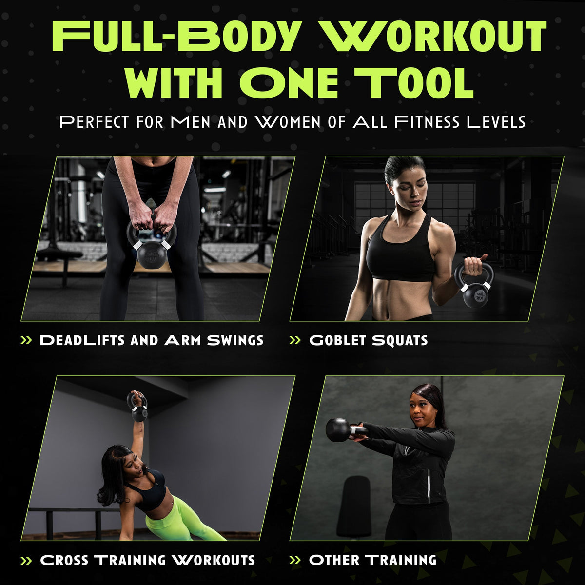 Athletes demonstrating deadlift, curl, Turkish get-up and kettlebell swing exercises