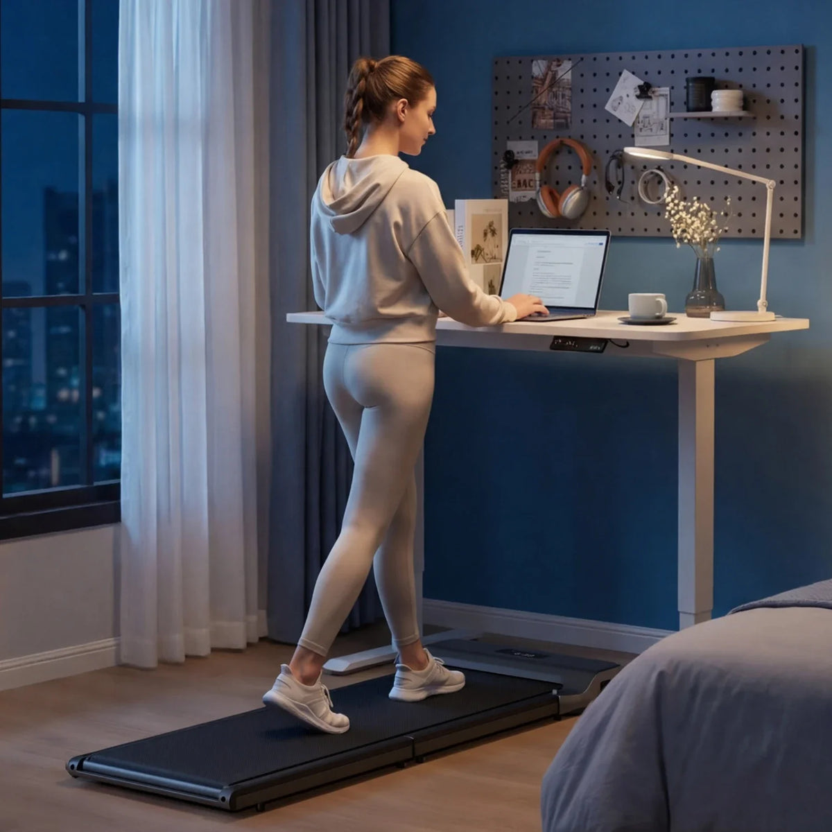 WalkingPad Z1 treadmill under a standing desk