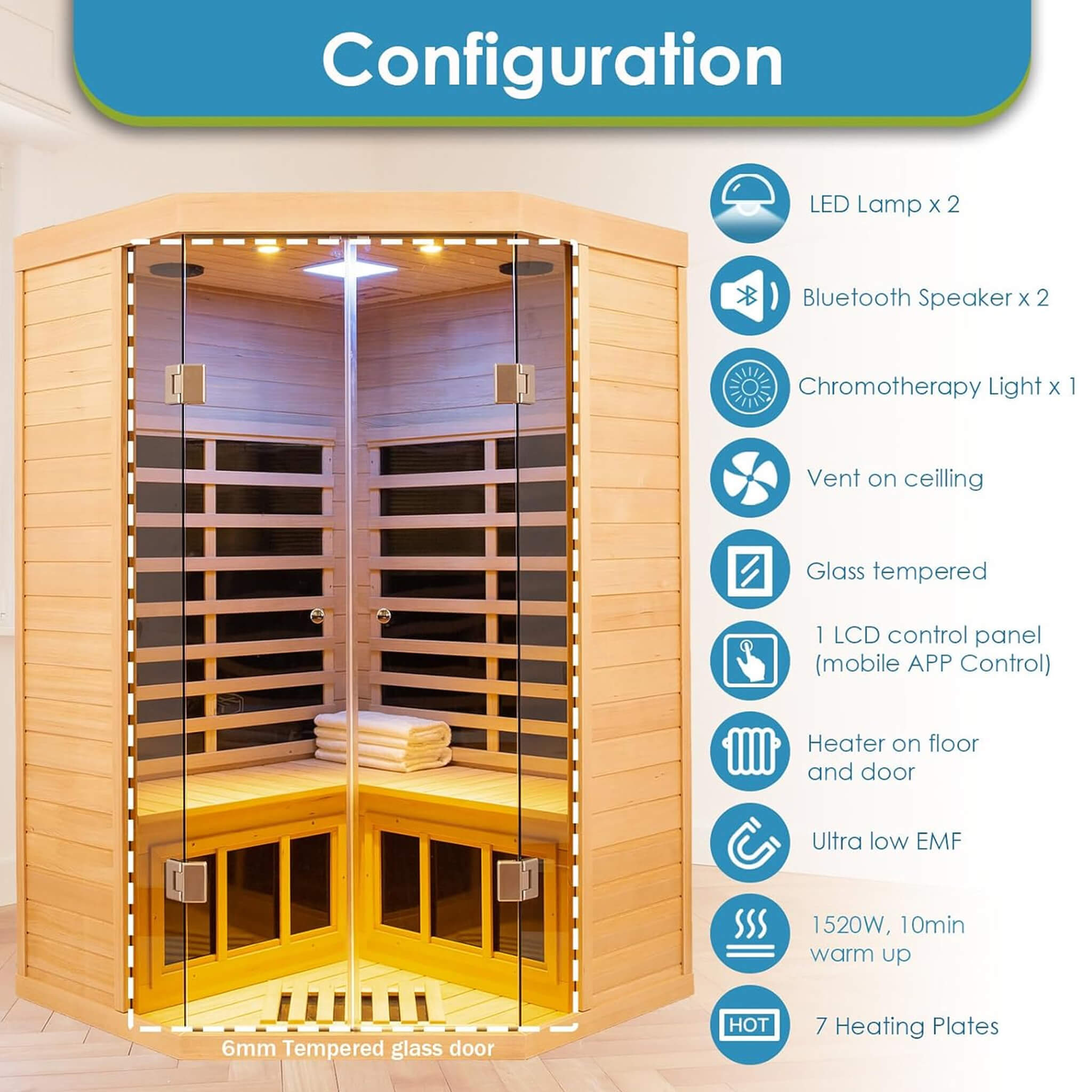 Thermora 2-Person 1,600 W Corner Infrared Sauna With Bluetooth