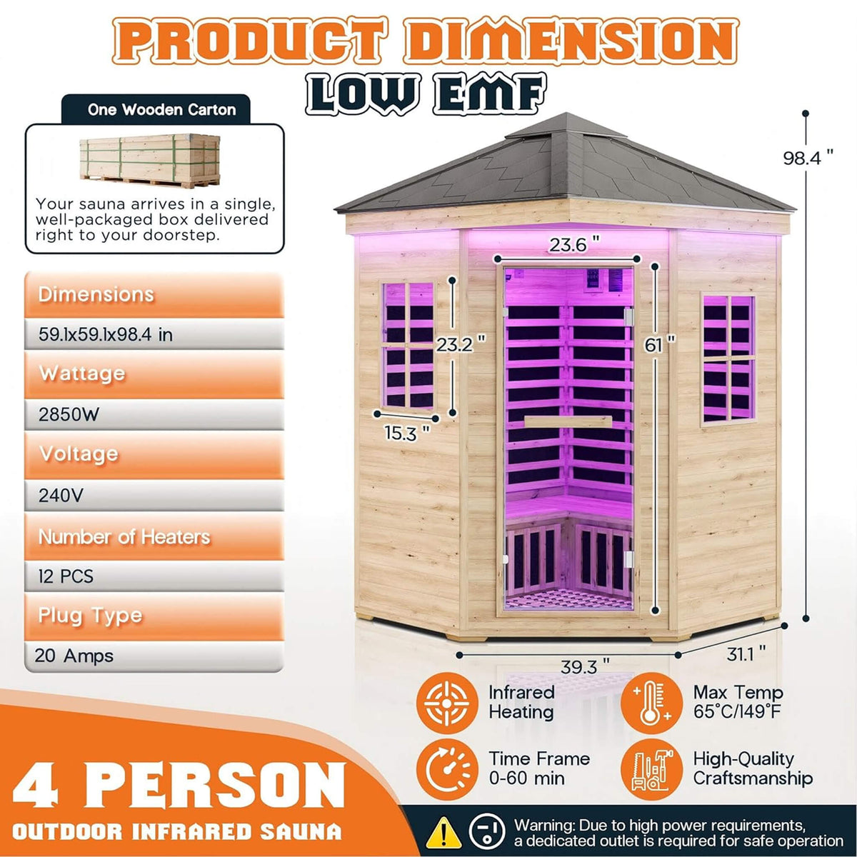 Thermora Monaco 4-Person Outdoor Infrared Sauna With Bluetooth and LED Lighting