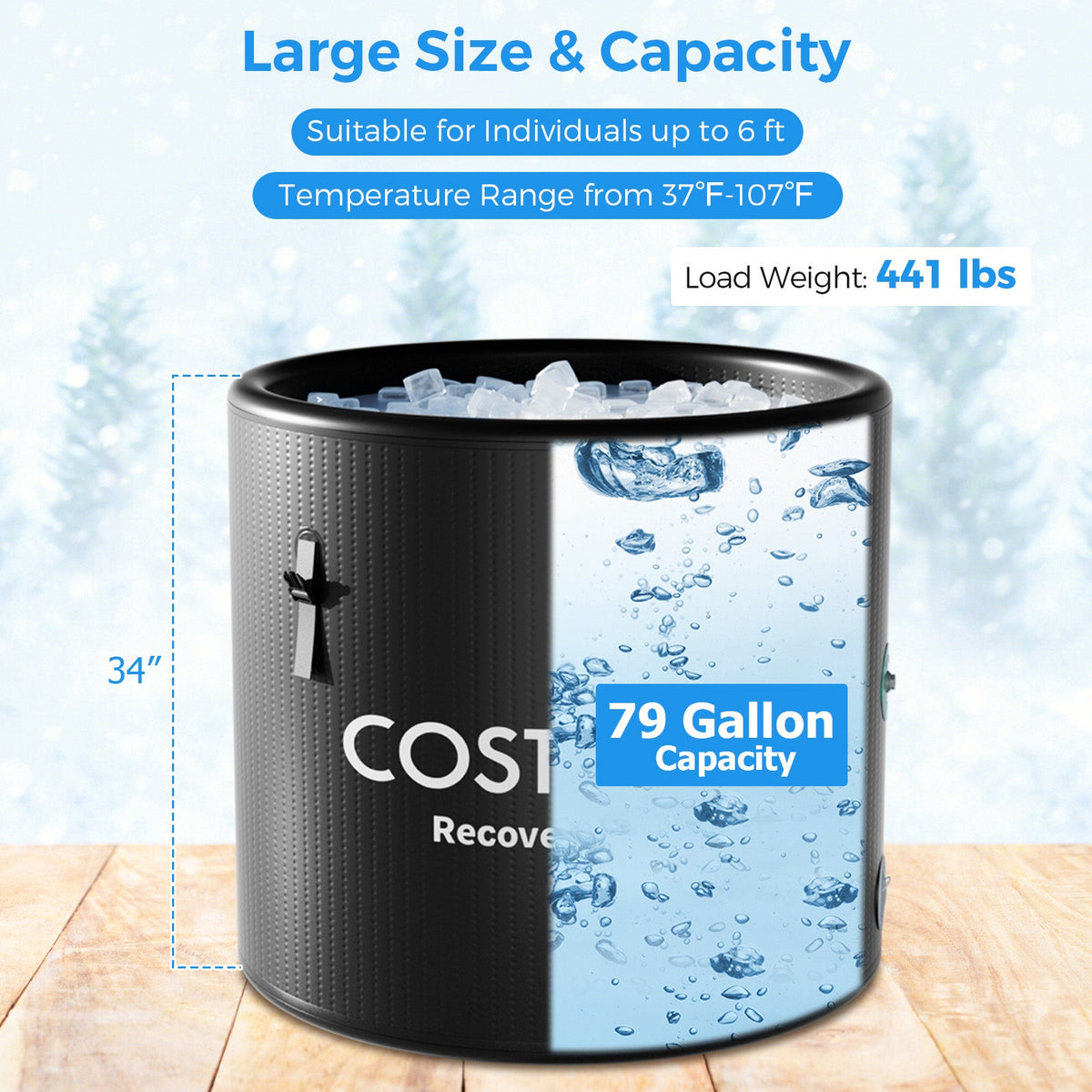 79-Gallon Chiller-Compatible Cold Plunge Tub With Cover — Black