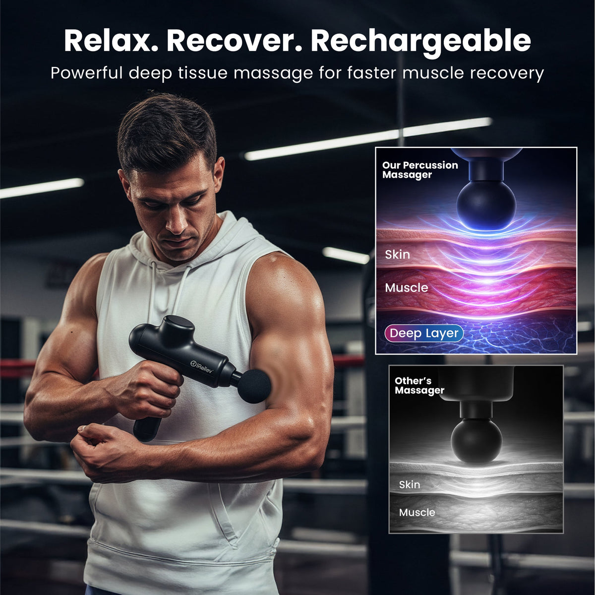 iReliev percussion massage gun handheld view