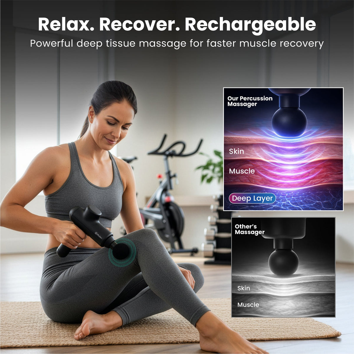 iReliev percussion massage gun with round massage head