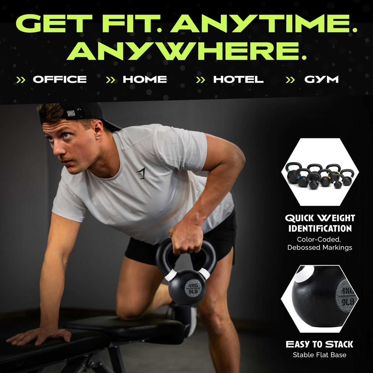 Athlete rowing a Rage Fitness 4 kg kettlebell beside weight-marking and flat-base details