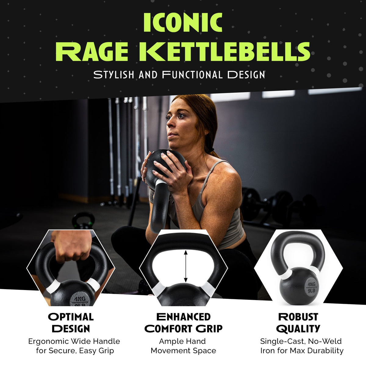 Rage Fitness kettlebell handle, grip clearance and single-cast body detail