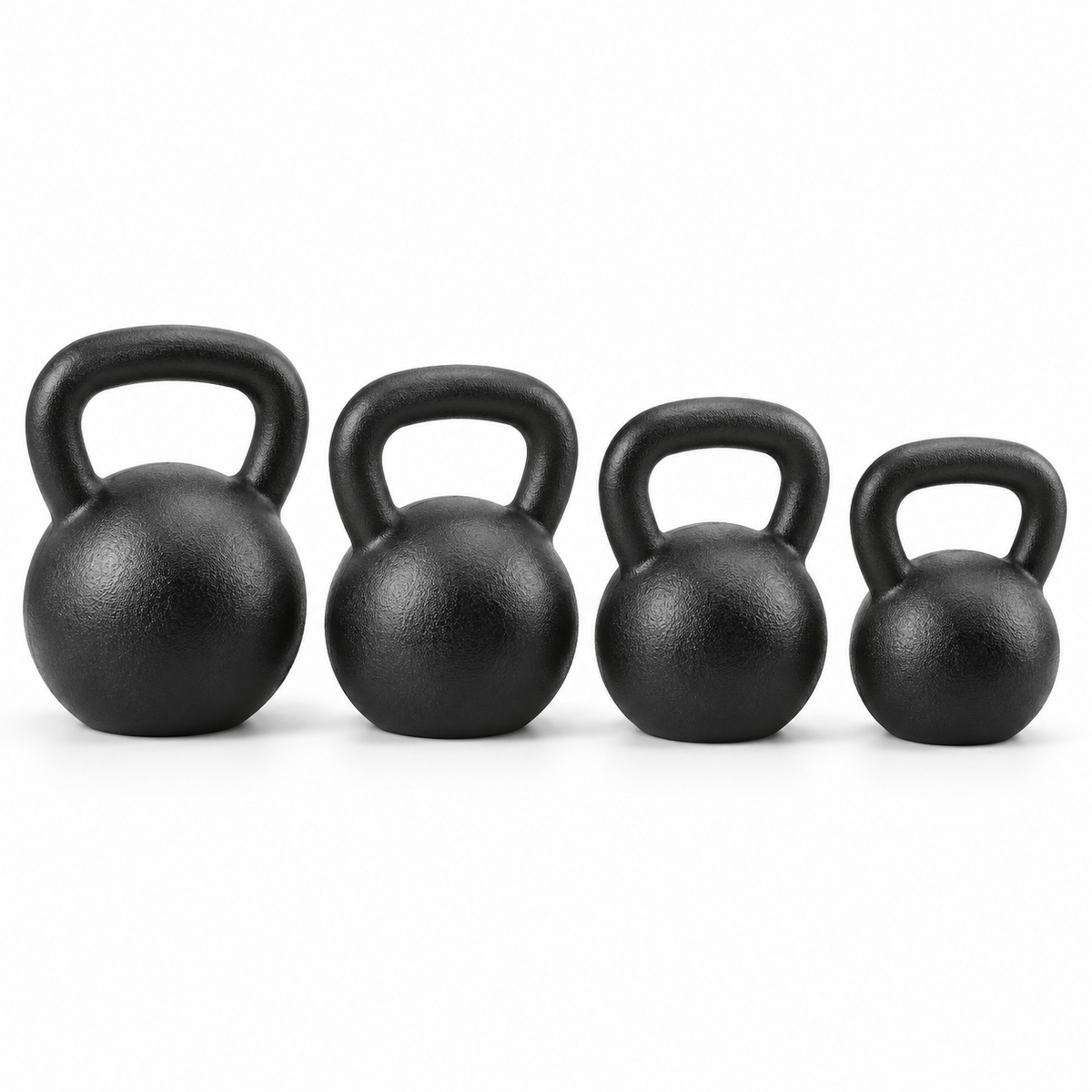 Four unbranded cast-iron kettlebells representing the York Hercules Foundation package: 60, 50, 45, and 40 lb.
